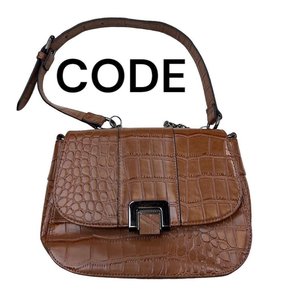 Code Sling Bag Women's Faux Animal Leather Metal Snap Brown Medium Shoulder Bag